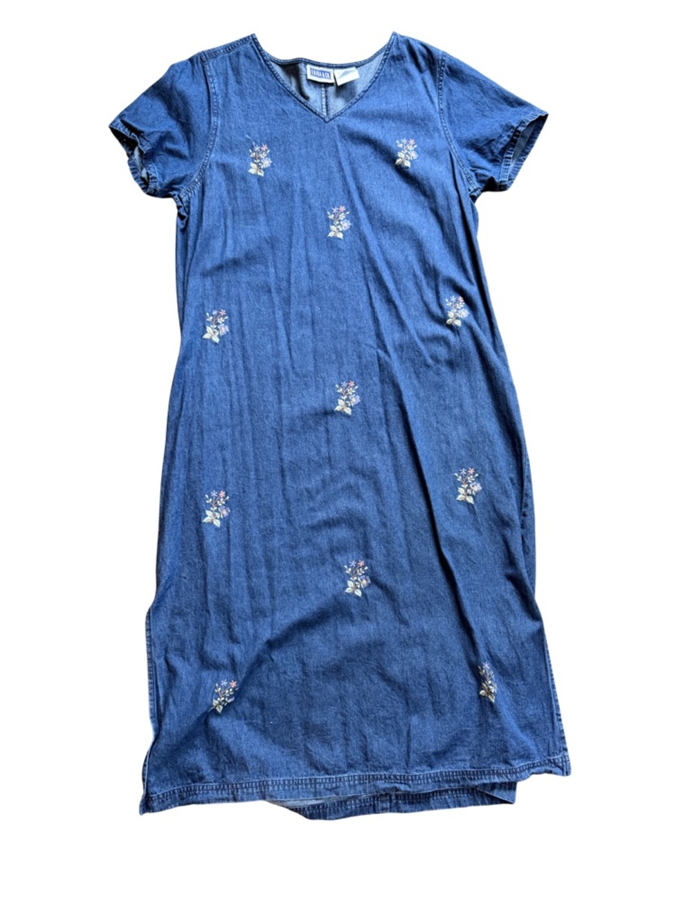 V-Neck Denim Maxi Dress with Embroidered Blossoms